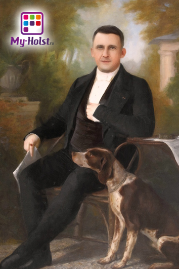 Мужчина сидит в черном костюме рядом с собакой в Историческом стиле