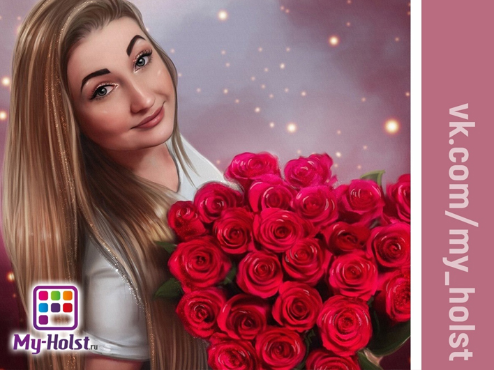 Девушка с букетом красных роз в обработке