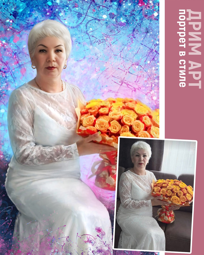 Женщина в стиле Дрим Арт, в белом платье, держит букет оражнжевых роз